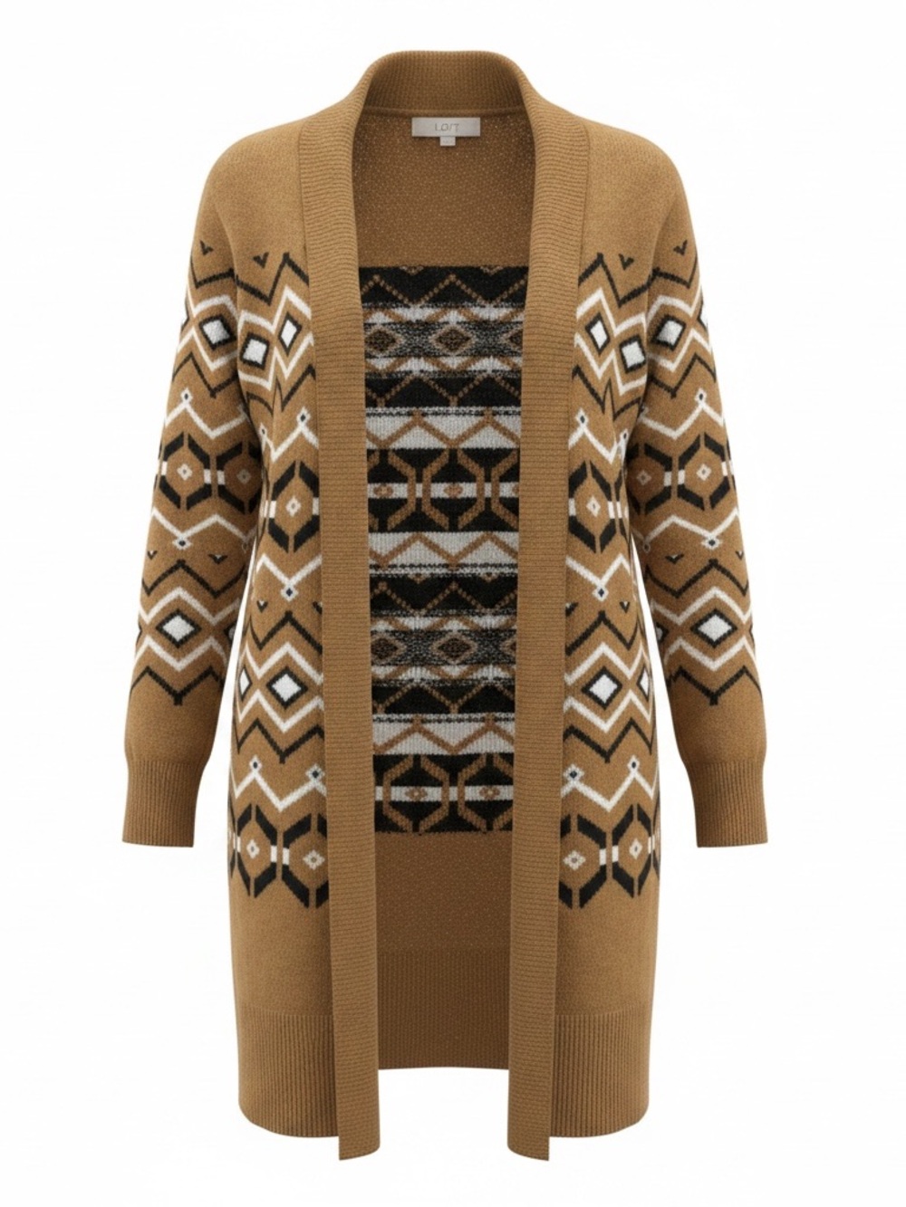 LOFT Camel Fair Isle Open-Front Long Cardigan size medium